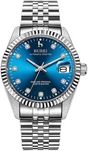 BUREI Orologio Automatico Uomo Classico Orologio Meccanico Data Display con Ghiaccio Zaffiro, Blu scuro/argento., Bracciale