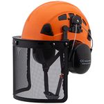 LOHASWORK Safety Hard Hat ANSI Z89.1 Approved,Adjustable Safety Helmet with Earmuff and Face Shield,Construction Work Forestry Aborist Helmet(092-1Orange+Earmuff+Shield)