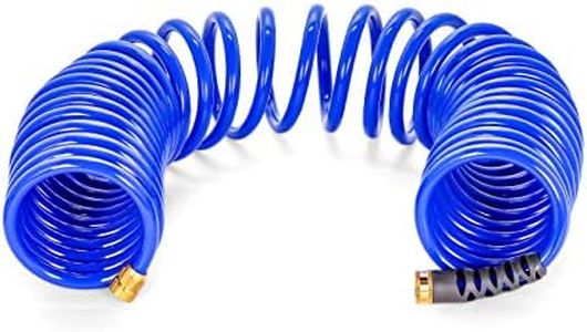 Camco 40’ Coiled Water Rust Resistant Brass Fittings, Hose Design Prevents Kinking and Tangling, for Car Washing and Gardening (41985), Blue
