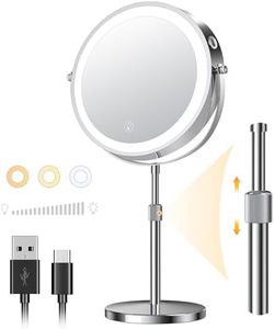 Lighted Makeup Mirror with Height Adjustable, 9” Rechargeable LED Magnifying Mirror with 3 Dimmable Colors, 1X 10X Double Sided Vanity Mirror with Lights, 360° Rotation Touch Screen Makeup Mirror