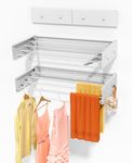 Upgrade 4 Hooks Laundry Drying Rack Collapsible, Wall Mounted Drying Rack, Clothes Drying Rack, Retractable Drying Rack, 24" Wide, 8 Linear Ft, 4 Aluminum Rods, 60 lb Capacity