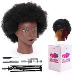 100% African Mannequin Head Human Hair,4C Afro Curly Cosmetology Manican Manikin Doll Head with 47“ Mannequin Head Stand,Table Calmp,Braiding Set for Display Practice Braiding Styling Training