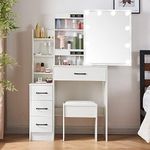 Buildonely Makeup Vanity Desk Set with Sliding Mirror and Brightness Adjustable, 4 Dreawers 7 Cabinets Vanity Set for Home and Bedroom, Cosmetic Dressing Table with Chair for Girls and Women