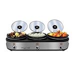 MegaChef Warmer Elite 2.5 Quart Slow Cooker and Buffet Server in Brushed Silver and Black Finish with 3 Ceramic Cooking Pots and Removable Lid Rests