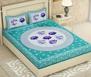 Scottons Queen Size Bedsheet for Double Bed, Pure Cotton Bed Sheets with 2 Pillow Covers in 144 TC, Rajasthani Print, Soft Fabric (90 x 100 Inches), Floral Blossoms Design (Blue)