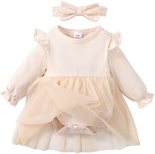 SOBOWO Baby Girl Beige Dress Infant Girl Tutu Baby Girl Ruffle Romper Dress Toddler Girl Solid Color Skirt Headband Party Clothes(6-12 Months, Beige L)