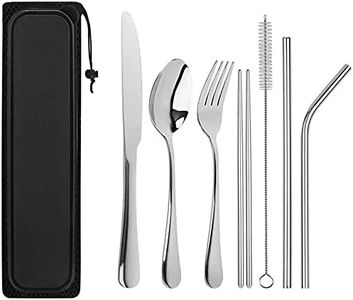 Travel Utensils - Reusable Utensils with Case,Portable Travel Camping Cutlery Set,8 Pack Including Knife Fork Spoon Chopsticks Cleaning Brush Metal Straws, Stainless Steel Flatware Set (Black)