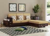 NEW MAMTA CRAFT Sheesham Wood 4 Seater L Shape Sofa Set with 2 Drawer Storage | 3+1 Wooden Sofa Set Furniture for Living Room Home Office (40 Density Cushion,Walnut)