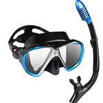 Adult Snorkel Set, Professional Snorkeling Gear Panoramic Anti-Fog Diving Goggles and Dry Snorkel Tempered Glass Scuba Diving Mask for Diving, Snorkeling and Swimming (Blue Set)