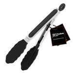 Kitchen Silicone Tongs 9 Inches | Stainless Steel Handle with Easy Grip and Smart Padlock System | Curved Silicone Tip for Strong Grip | Handy Tong for BBQ, Serving, Frying, and Cookin (Black).