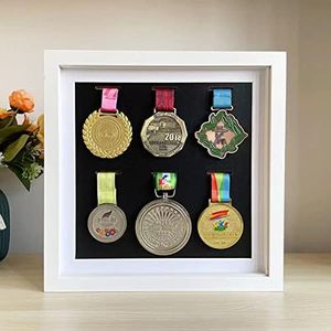 Medal Display Box, Shadow Box Frame Display, 6 Medal Display Box, Wooden Medal Display Box - For Medals, Bibs & Sports Medals, Military Medals, Dark Framed Picture Frame Display, (White, 12*12 Inch)