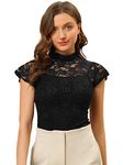 Allegra K Women's Lace Keyhole Back Top Short Sleeve Stand Collar Semi Sheer Blouse Black X-Small