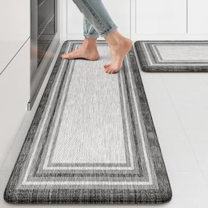 KIMODE Anti Fatigue Kitchen Mats for Floor 2PCS,17"x47"+17"x29" Farmhouse Kitchen Rugs Non Slip Rubber Backing,Waterproof Cushioned Standing Mat for Office,Laundry,Sink,Desk,Grey