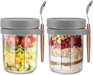 WHISKET 300 ml Overnight Oats Container with Lid and Spoon, Recipe,Glass Overnight Oats Jars, Wide Mouth Airtight Mason Jars, Milk Vegetable and Fruit Salad Storage (Grey 2)