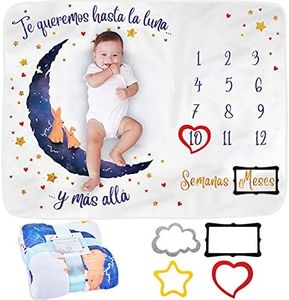Manta Meses Bebé en Español | Manta Bebe Personalizada, Unisex | Regalo Personalizado De Nacimiento Para Nuevas Mamás | Temática Luna | Suave y Gruesa | Manta Mensual Bebe | Incluye Marcos