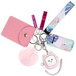 Keychain Set for Woman with Personal Alarm, Funseeya Keychain Accessories with Personal Sound Siren, Card Wallet, Wristlet Strap, Lipstick Holder, Cute Pom Pom and Whistle