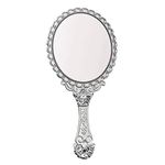 Vintage Hand Mirror with Handle - Cute Cosmetic Handheld Mirror Vanity Makeup Mirror Travel Mirrors 9.8x4.5in (Silver)