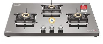 Sujata Premium Gas Stove Auto Ignition | 9 Years Warranty | Gas Stove 3 Burners Glass Top, SABAF, ISI Certified, LPG & PNG Compatible, 360° Rotating Brass Gas Nozzle, Jumbo Brass Burner (Black)