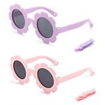 2pcs Flower Baby Girl Polarized Sunglasses with Strap, Toddler Sunglasses for Infant Age 0-24 Months, Kids Travel Essentials (Pink+Purple)