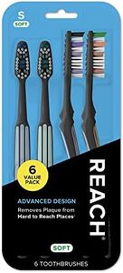 Reach Advanced Design Toothbrush with Toothbrush Cap, Angled Neck, Soft Bi-Level Bristles, Contoured Handle, Tongue Scraper, 6 Count