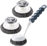 Stainless Steel Scrubber with Handle, Dish Scrubber Brush Steel Wool Scrubber for Cleaning Dishes Heavy Duty Cleaning Supplies for Pots Pans Grills Ovens Sink and Other Tough Jo Pack of 3