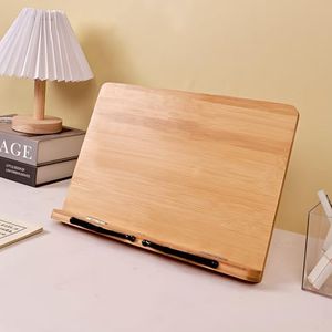 Book Stand for Reading Bamboo Cookbook Stand for Kitchen Adjustable Foldable Book Holder with Page Holder Clips Height Adjustable for Tablet Textbook Laptops Music Books Documents
