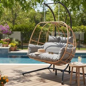 DAYAOUTDOOR Double Egg Chair with Stand, 2-Person Hanging Egg Chairs Outdoor, Oversized Patio Hanging Basket Chair, 600Lbs Sturdy Loveseat Swinging Egg Chair for Bedroom, Patio, Porch, Grey