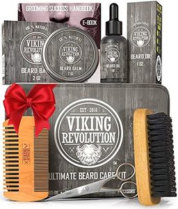 Viking Revolution Beard Care Kit for Men - Kit includes 100% Boar Beard Brush, Wooden Comb, Beard Balm, Beard Oil, Beard & Mustache Scissors in a Metal Box