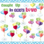 BeYumi 84Pcs Valentine's day Caught Up In God’s Love Christian Bulletin Board Set Heart Balloon Cross Honeycomb Name Tag Trim Border February Faith Religious Sunday School Chalkboard Church Decoration