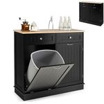 GiantexUK Kitchen Trash Bin Cabinet, Tilt Out Recycling Trash Can Cabinet with Rubber Wood Countertop, Adjustable Shelf & Drawers, Freestanding Garbage Can Holder for Laundry (Black)