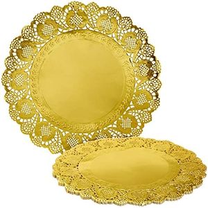 Juvale 60 Pack Round Paper Placemats for Dining Table, Formal Events, Decorative Gold Lace Paper Doilies, Bulk Disposable Charger Plates for Cakes, Desserts, and Baked Goods (12 in)