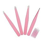 Tweezers Set 4-piece, Professional Stainless Steel Tweezers, Precision Tweezers for Eyebrows , Facial Hair, Ingrown Hair, Splinter, Blackhead Remover (PINK)