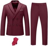 YND Men's Slim Fit 2 Piece Suit, Double-Breasted Jacket Pants Set with Tie, Solid Party Wedding Dress Blazer, Tux and Trousers Burgundy