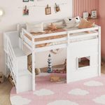 Twin Size Low Loft Bed with Stairs, Kids Loft Bed with Storage,Solid Wood Twin Loft Bed Frame for Kids, Space Saving Low Loft Bed for Boys, Girls, White