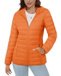 MAGCOMSEN Womens Puffer Coat Hooded Ultra-light Quilted Fleece Jacket 4 Pockets Full-zip Water-resistant Winter Outerwear, Orange L