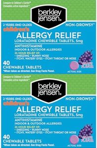 Berkley Jensen Children's Allergy Relief Loratadine Chewable Tablets, with Grape Flavor 5mg, Non-Drowsy 24-Hour Antihistamine Medicine, for 2-6 Year Old Kids, 80 Tablets, 2-Pack