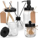 5PCS Mason Jar Bathroom Accessories Set (Giftable)- Mason Jar Soap Dispenser, 3 Apothecary Jars for Q-Tips & 1 Toothbrush Holder - Rustic Farmhouse, Bathroom Decor, Countertop Vanity Organizer