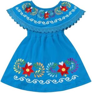 Cinco de Mayo Fiesta Dress for Girls Traditional Mexican Dress for Girls Toddler Sleeveless Off-Shoulder Mexican Ethnic Embroidered Floral Dress Toddler Vestidos Tipicos Mexicanos Blue 3-4 Years