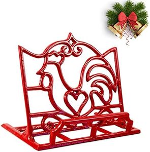 MINLUFUL Recipe Book Holder, Sturdy Cast Iron Metal Cookbook Stand for Kitchen Counter, Vintage Farmhouse Rooster Decoration Recipe Holder Cook Book Stand, Red