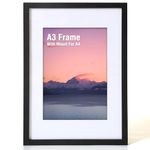 Zemiu A3 Photo Frame, A3 Wooden Picture Frames with Mount for A4 Print for Wall, with Acrylic Clear Sheet, Fit Large Poster/Documents Frame for Family/Christmas (29.7x42 cm)-Black