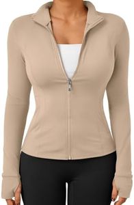 Trendy Queen Womens Lightweight Zip Up Jackets 2026 Athletic Workout Hoodies Spring Shirt Fitted Gym Clothes with Pocket Khaki XL