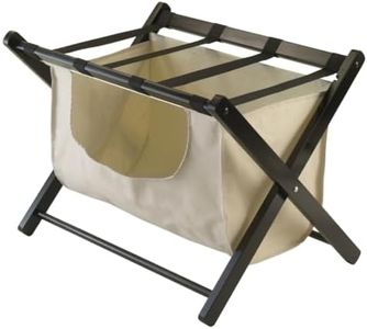 Luggage Rack with Laundry Basket, Foldable Solid Wood Storage Shelf, 34 Inch Wide Heavy Duty Stand with Removable Polyes