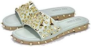 Cape Robbin Tonie Studded Sandals for Women - Flat Sandals for Women - Open Toe Summer Sandal - Women Flat Sandals - Womens Sandals Dressy Slip On Shoes - Silver Size 6