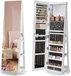 SONGMICS 6 LEDs Lockable Mirror Jewelry Cabinet, 360° Swivel Jewelry Organizer, Standing Jewelry Armoire, Frameless Full-Length Mirror, 3 Storage Shelves,Christmas Gifts, White Surface,