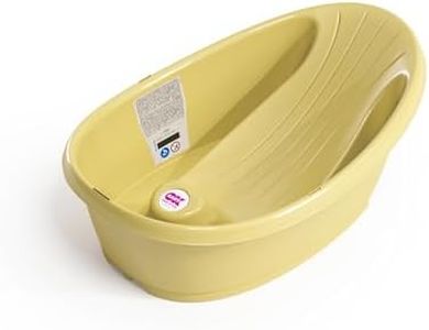 OKBABY Bañera Onda Baby - Base antideslizante, con termómetro incorporado - Soporte trasero en ángulo - por interior de la bañera o la ducha - Amarillo