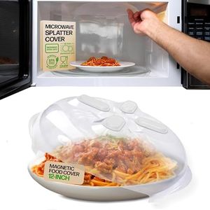 HOVER COVER Magnetic Splatter Cover, 12-Inch Clear BPA-Free Food Lid, Vented Plate Guard with Steam Vents, Anti-Splash Microwave Lid, Dishwasher Safe, Space-Saving Magnetic Storage - Ivory White