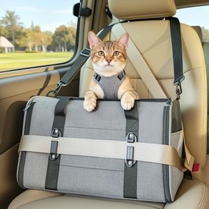 Petsfit Cat Carrier Airline Approved, Soft-Sided Pet Carrier with Patented Car Buckle, 3 Carrying Ways, Lightweight, Breathable, Escape Proof, with Adjustable Shoulder Strap and Soft Cushion,Grey