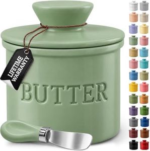Priority Chef Large Butter Crock with Lid with Water Line, Ceramic French Butter Dish to Leave On Counter, Sage