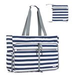G4Free Extra Large Beach Bags for Women, Foldable Beach Tote Bag with Zipper, Sandproof Waterproof Beach Tote Pool Bag(Navy and White Strip)