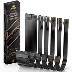 AsiaHorse Power Cords PSU Extension Cable, 16 AWG Power Supply Sleeved Cable Kit of Transparent Connector, 1x24Pin/2x4+4 EPS/3x6+2 PCI-E, 30cm Length of Braided ATX Sleeved with Combs-Bright Black
